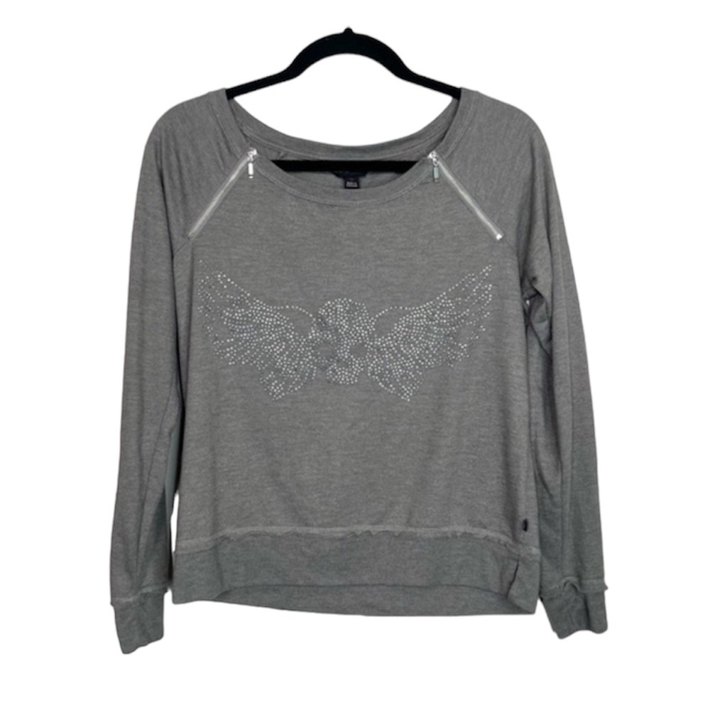 ROCK & REPUBLIC Gray Studded Zip Detail Skull and Wings Sweatshirt top size S